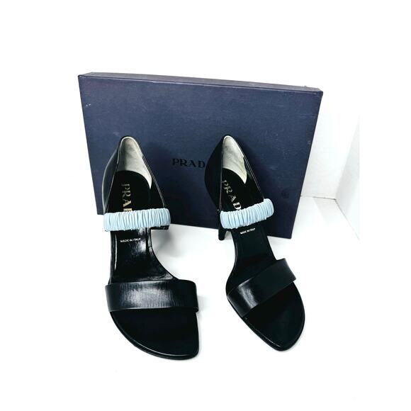 Vintage Prada Black Leather Heels with Blue Ruched Elastic Strap Size 36.5 - Picture 2 of 10